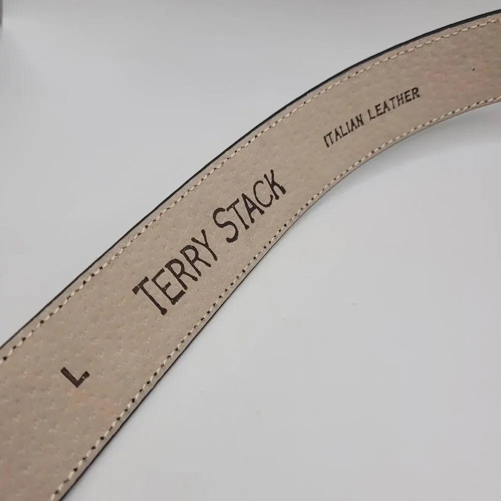 Terry Stack Belt Womens Large Black Italian Leather Dress Textured Minimalist
